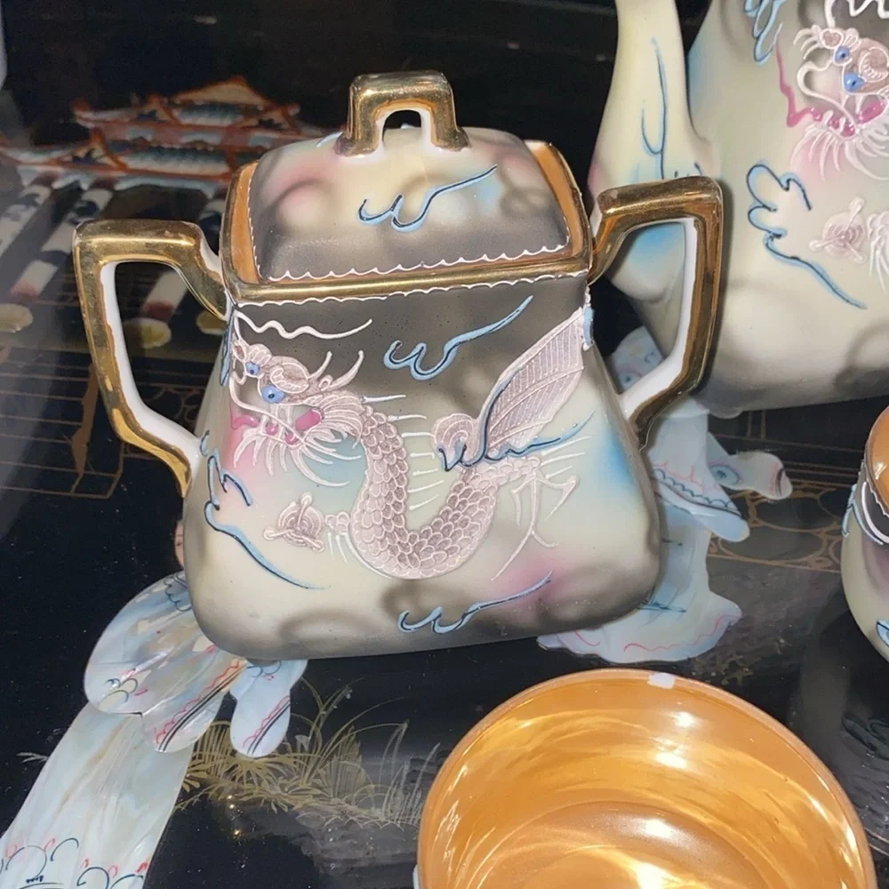 Vintage 21pc Moriyama Dragonwear hand painted Tea Set Japan Blue Bead Eyes